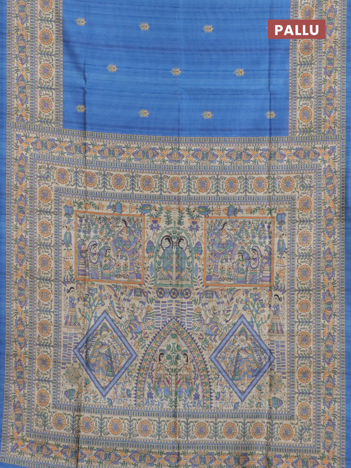 Semi tussar saree blue and beige with butta prints and madhubani printed pallu & border - Image 3