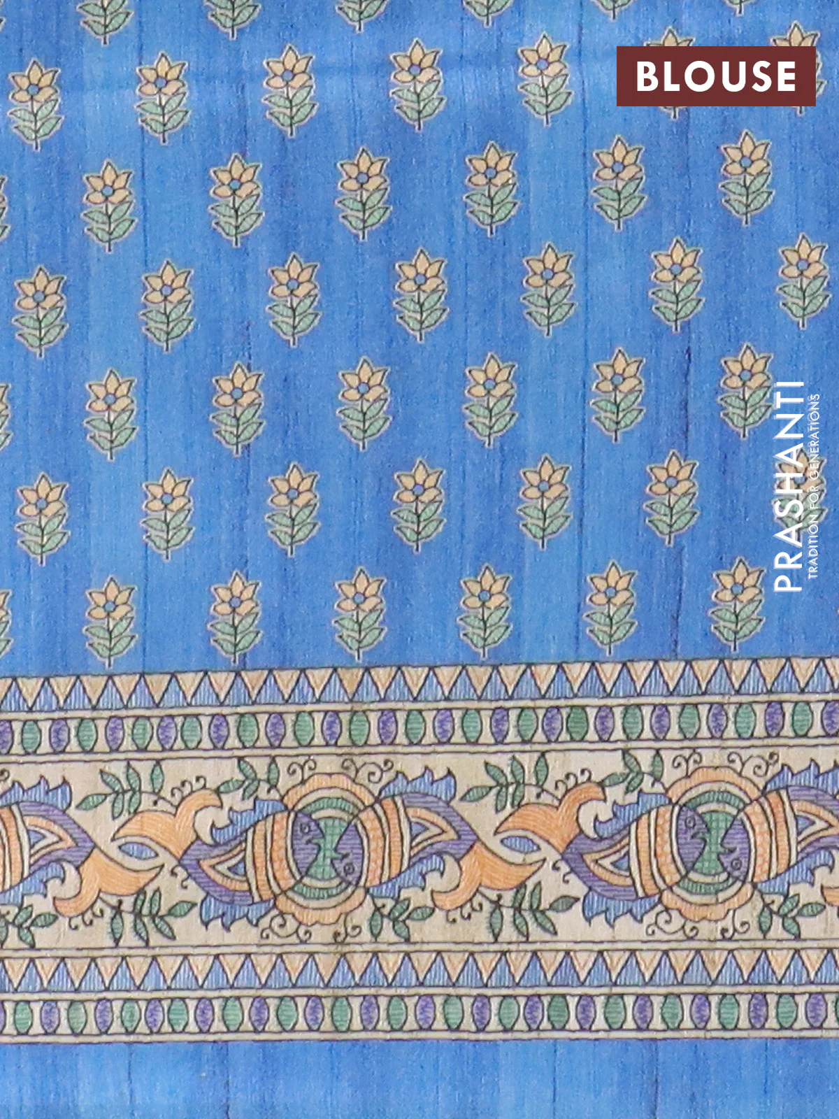 Semi tussar saree blue and beige with butta prints and madhubani printed pallu & border - Image 4