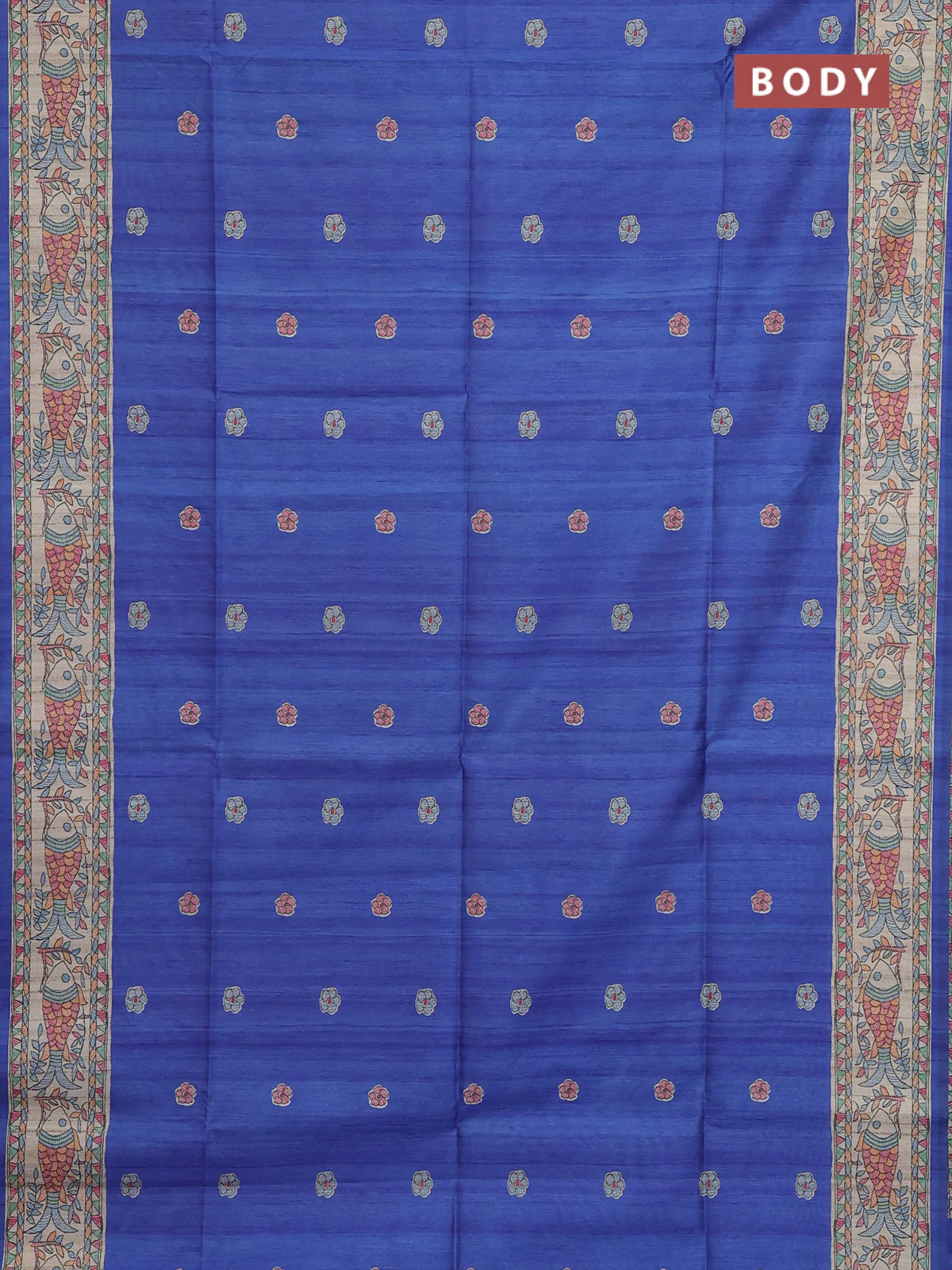Semi tussar saree blue and beige with butta prints and madhubani printed pallu & border - Image 2