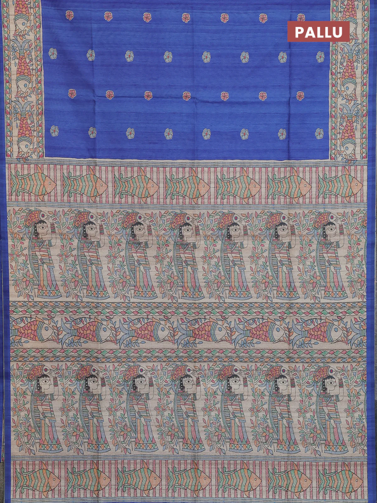 Semi tussar saree blue and beige with butta prints and madhubani printed pallu & border - Image 3