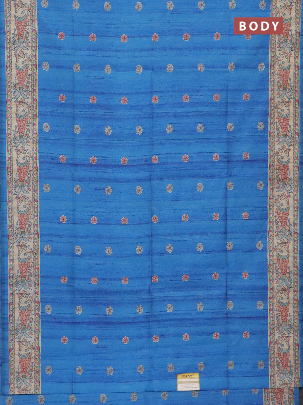 Semi tussar saree blue and beige with butta prints and madhubani printed pallu & border - Image 2
