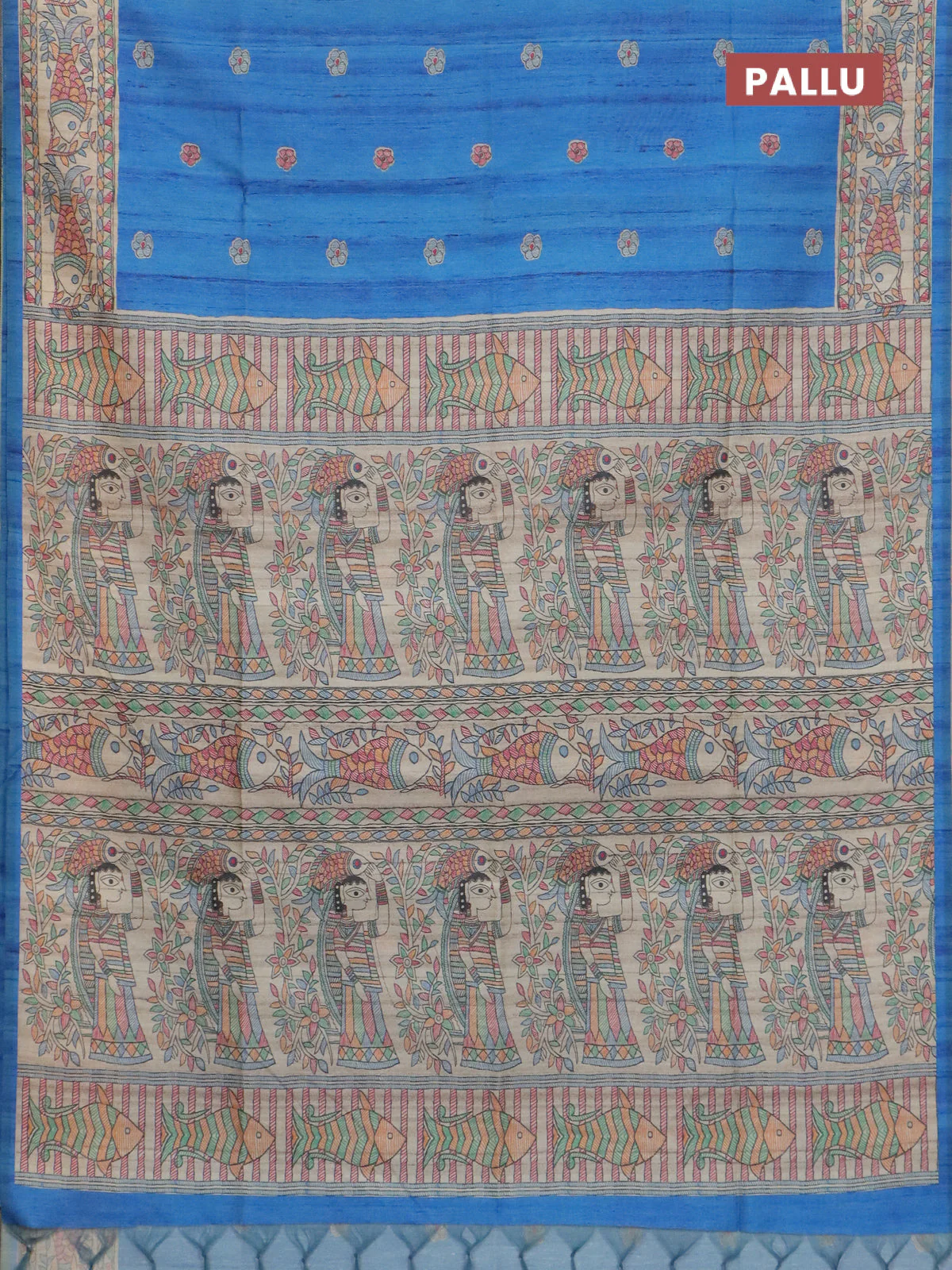 Semi tussar saree blue and beige with butta prints and madhubani printed pallu & border - Image 3