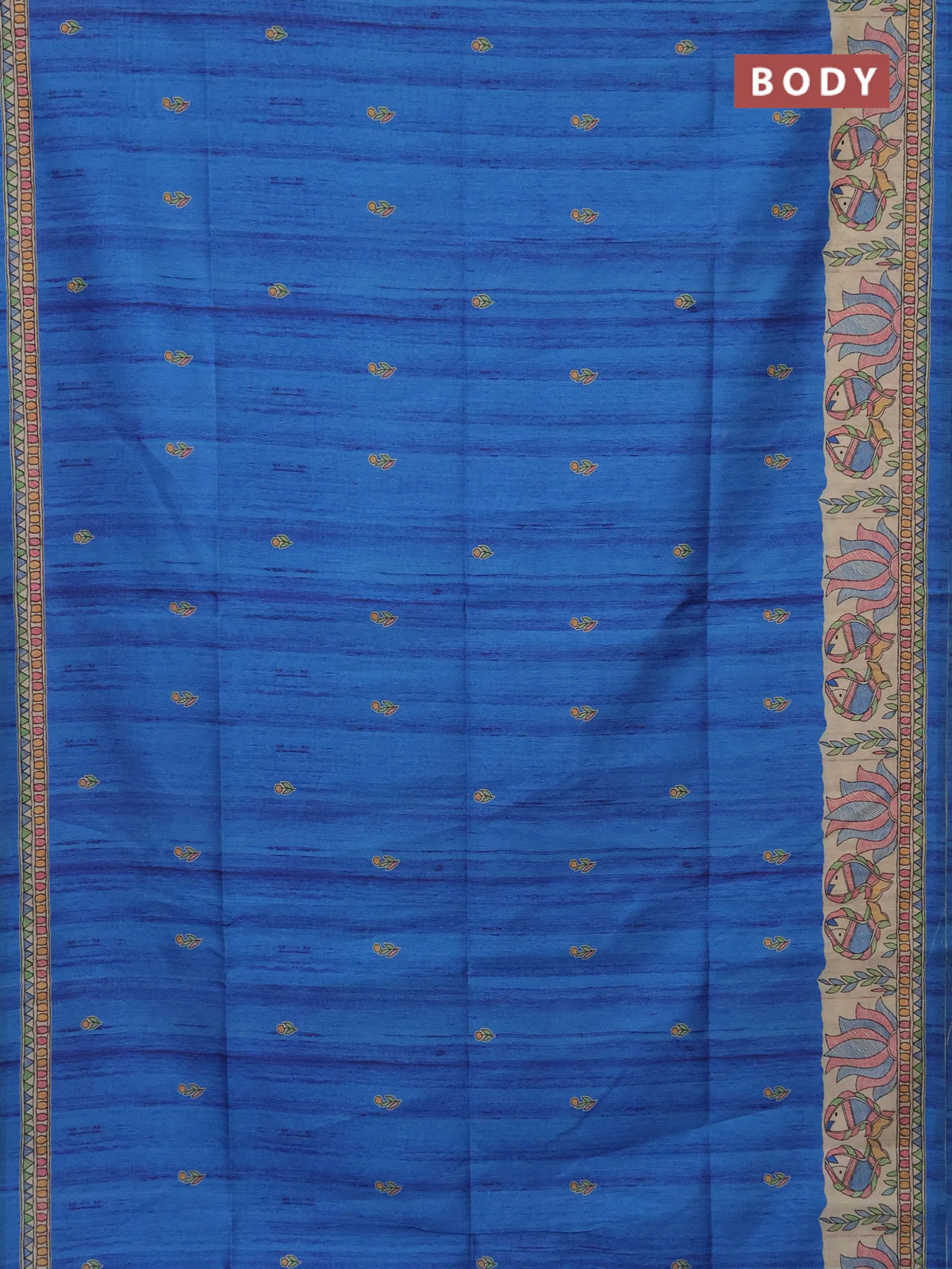Semi tussar saree blue and beige with butta prints and madhubani printed pallu - Image 2