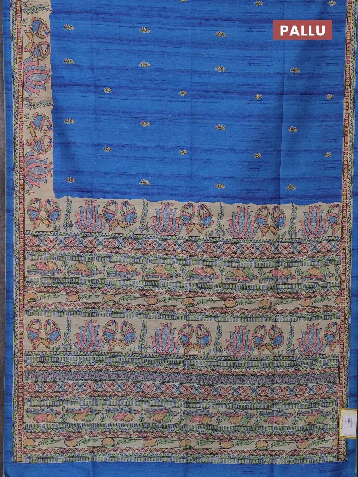 Semi tussar saree blue and beige with butta prints and madhubani printed pallu - Image 3