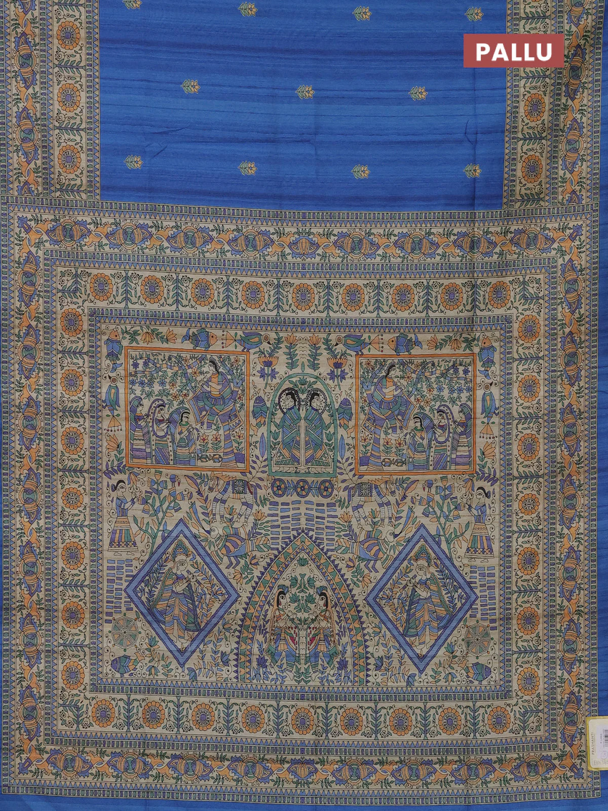 Semi tussar saree blue and beige with butta prints and madhubani printed pallu - Image 3