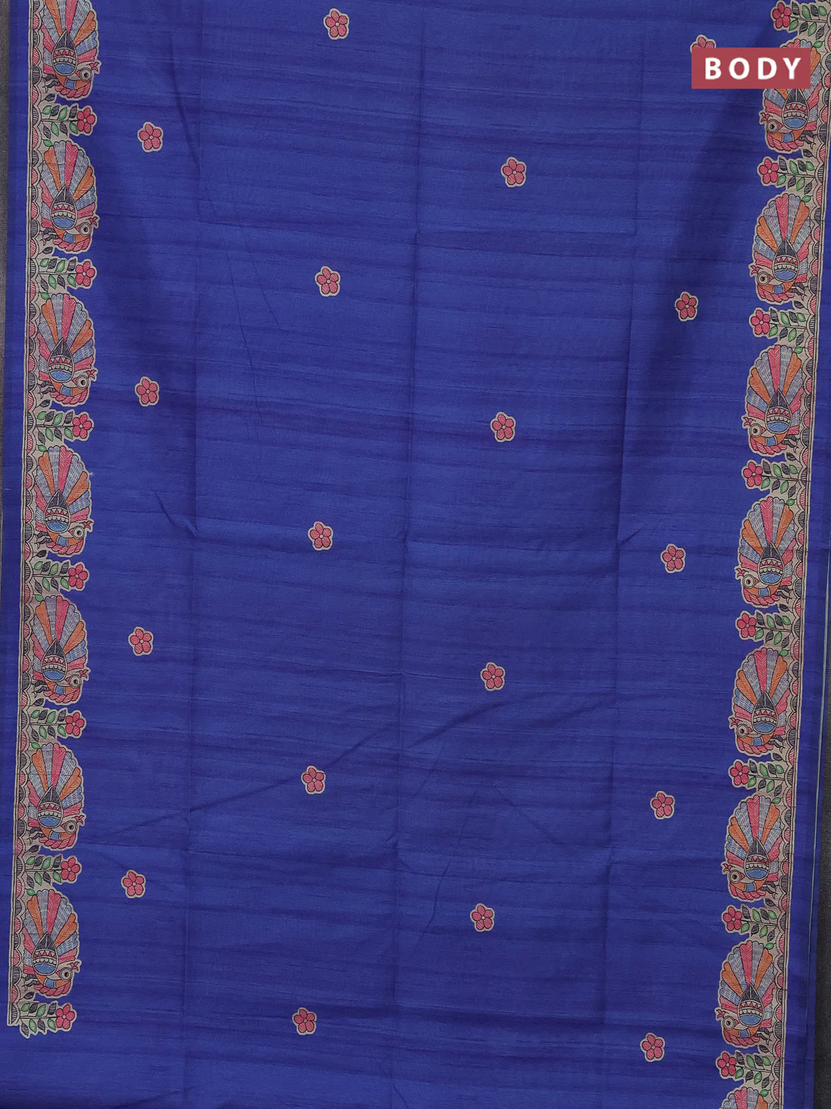 Semi tussar saree blue and beige with butta prints and madhubani printed pallu - Image 2