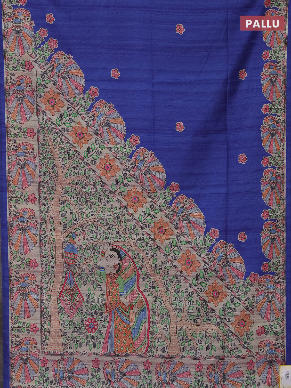 Semi tussar saree blue and beige with butta prints and madhubani printed pallu - Image 3