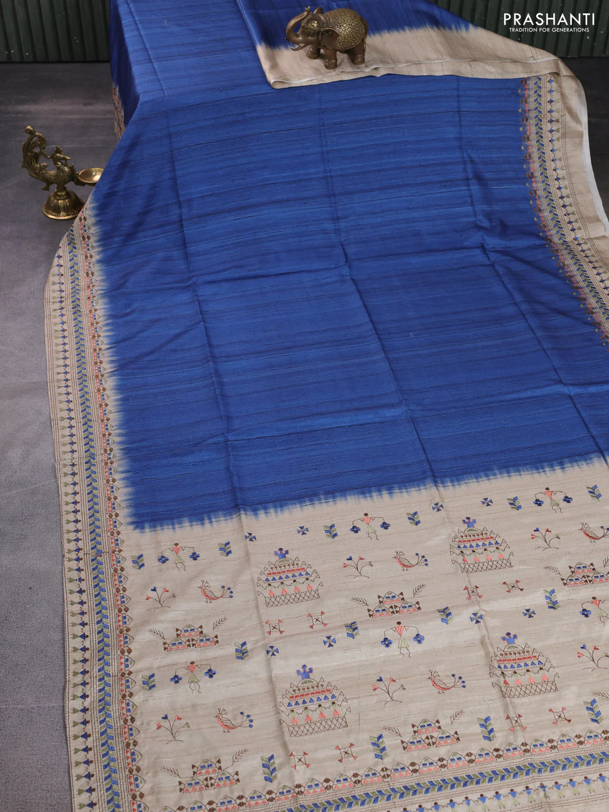 Semi tussar saree blue and beige with plain body and embroidery pallu & border - Image 2
