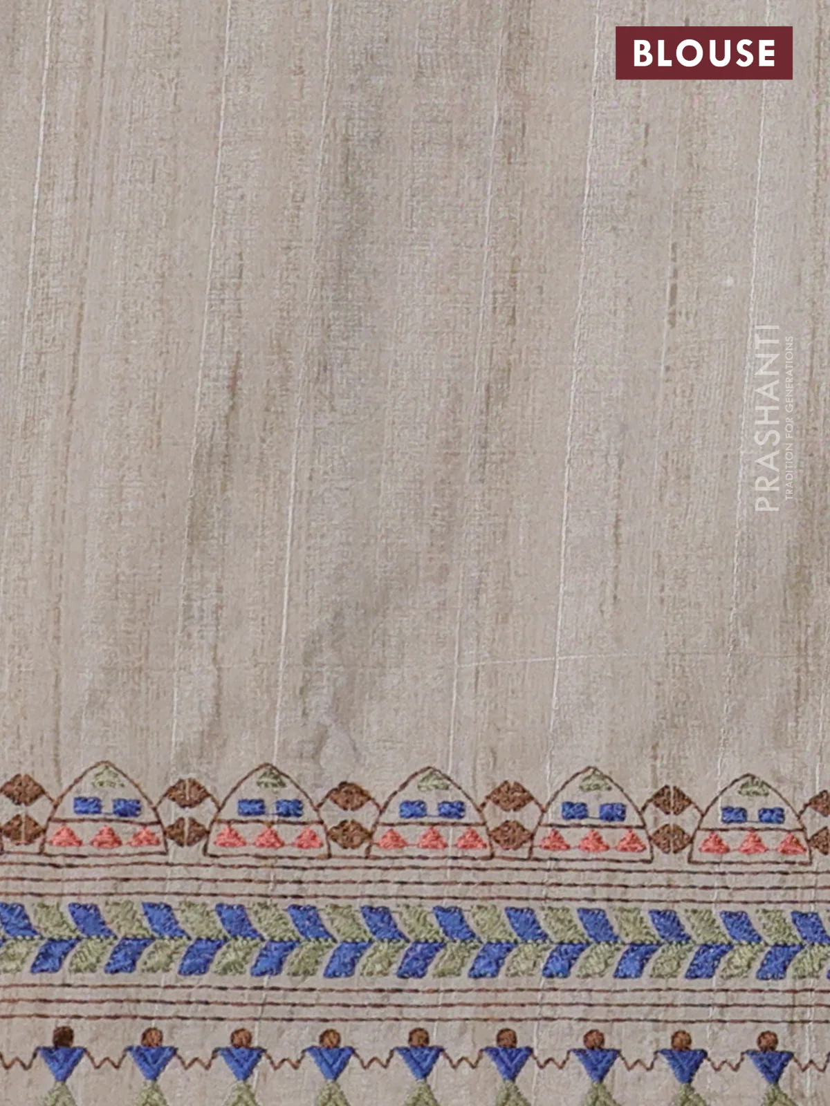 Semi tussar saree blue and beige with plain body and embroidery pallu & border - Image 3
