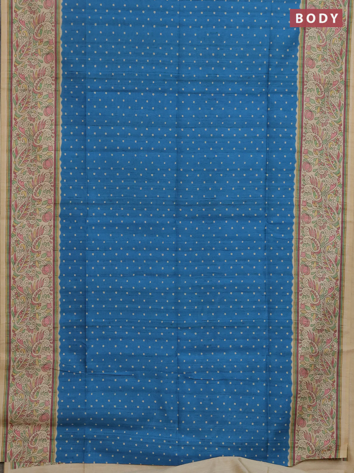 Semi tussar saree blue and cream with allover bandhani prints and madhubani printed pallu & border - Image 2