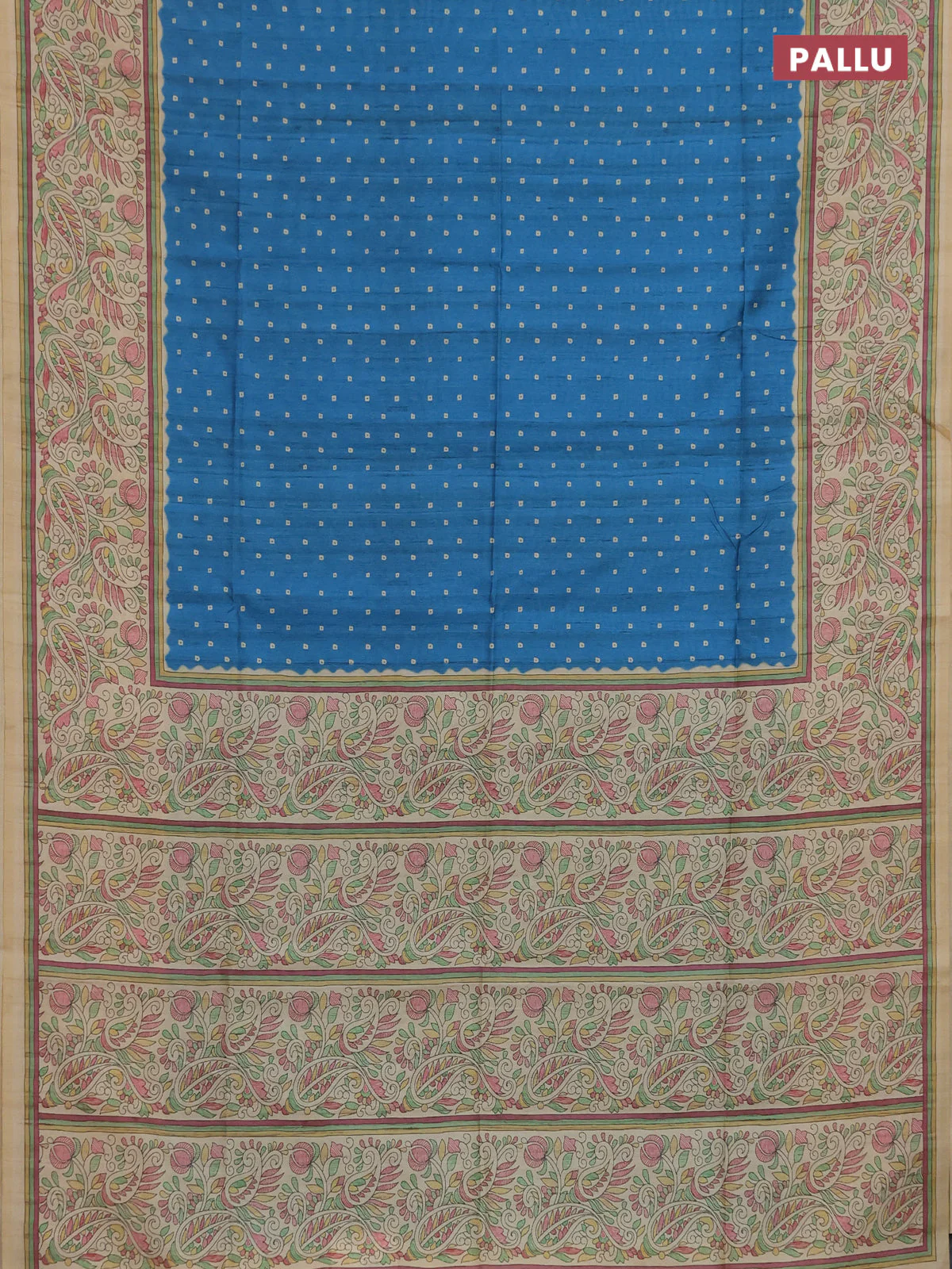 Semi tussar saree blue and cream with allover bandhani prints and madhubani printed pallu & border - Image 3