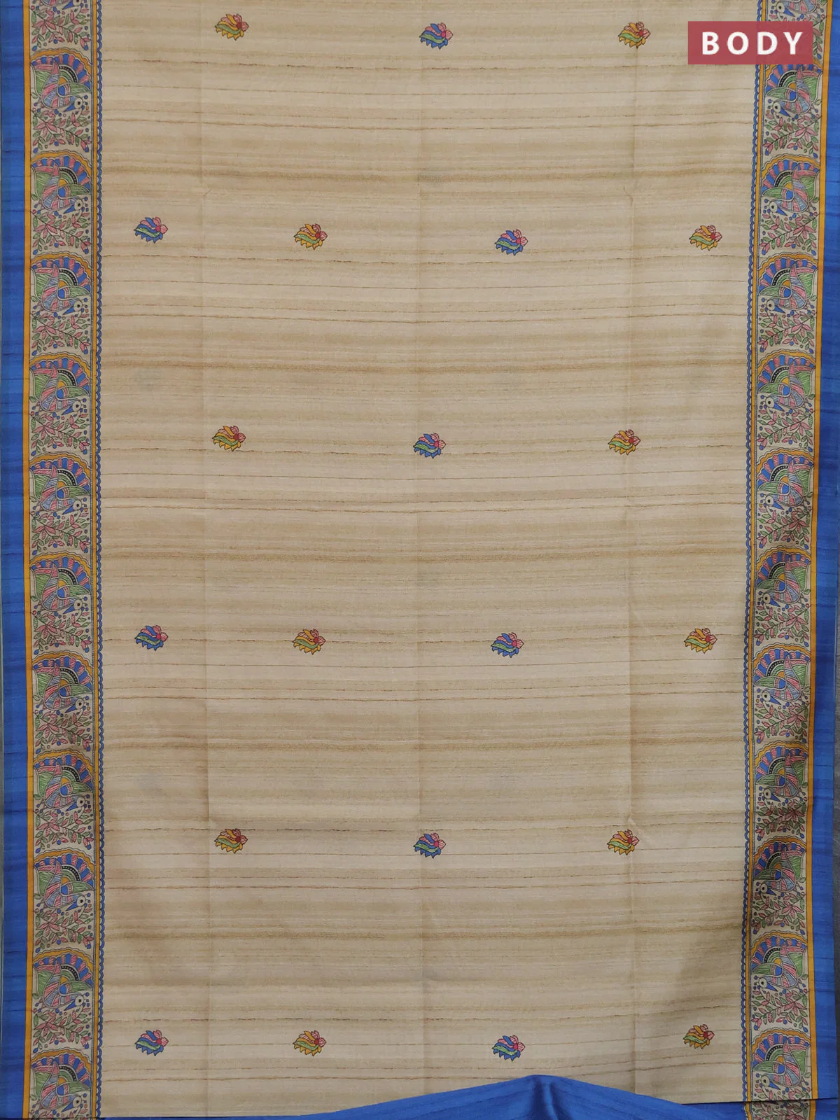 Semi tussar saree blue and cream with allover butta prints and madhubani printed pallu & border - Image 2
