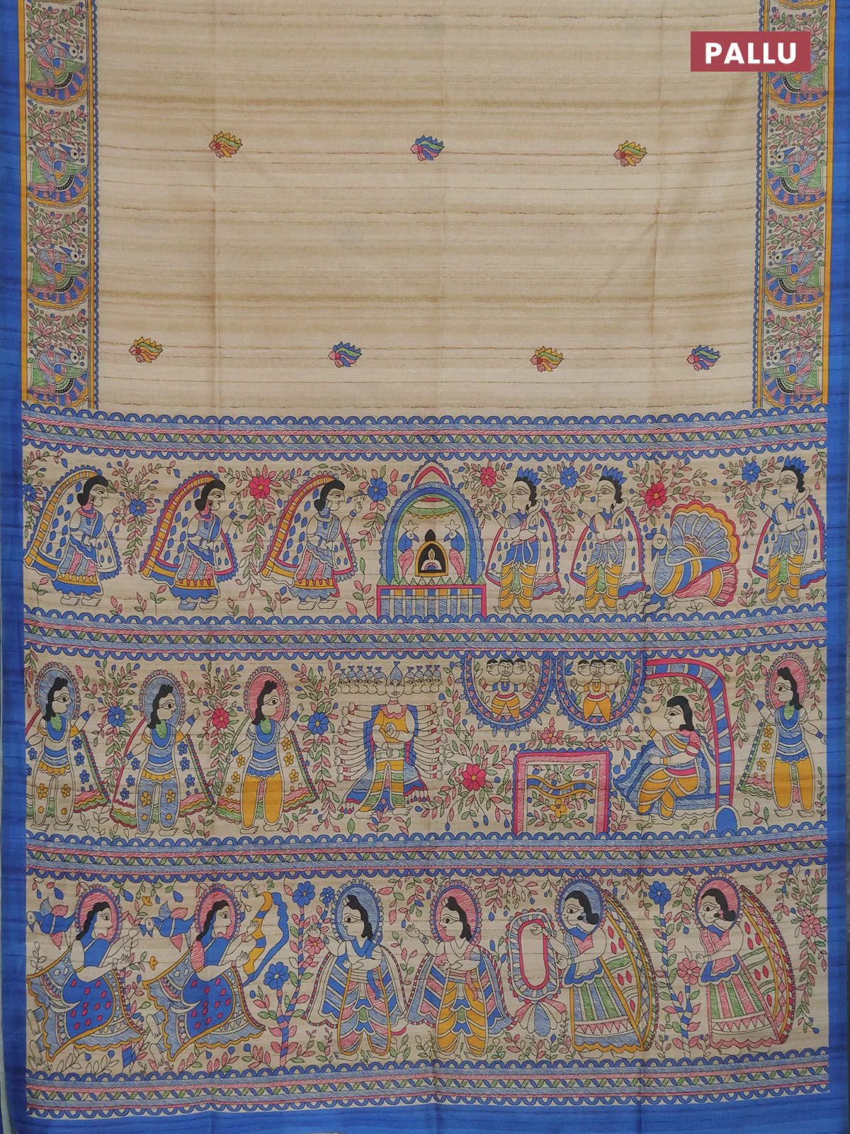 Semi tussar saree blue and cream with allover butta prints and madhubani printed pallu & border - Image 3