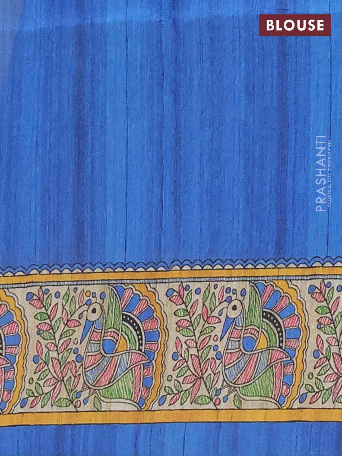 Semi tussar saree blue and cream with allover butta prints and madhubani printed pallu & border - Image 4