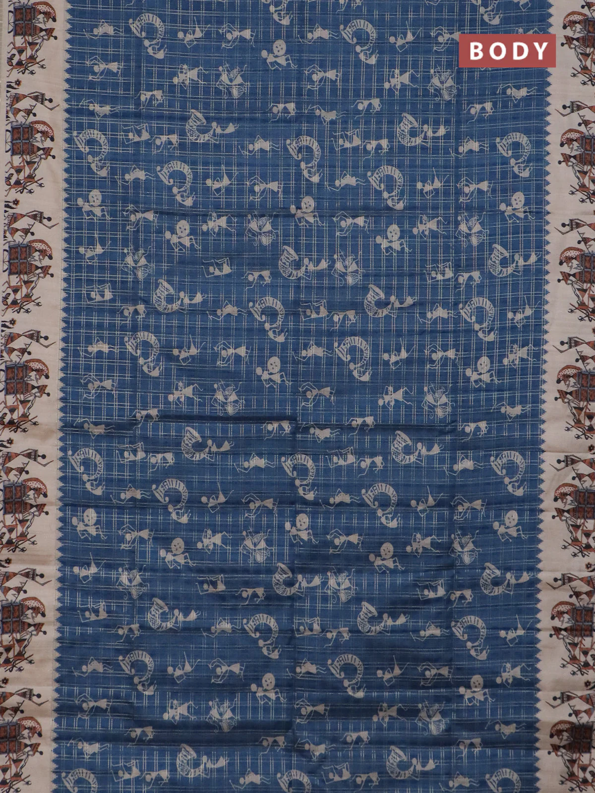 Semi tussar saree blue and cream with allover kalamkari prints and zari woven border - Image 2
