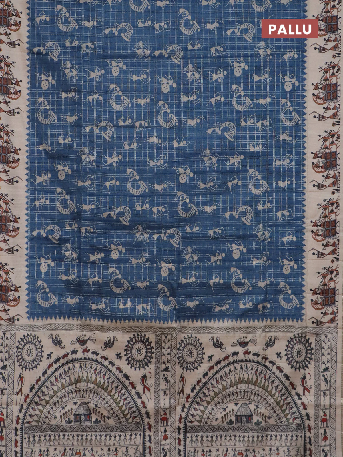Semi tussar saree blue and cream with allover kalamkari prints and zari woven border - Image 3