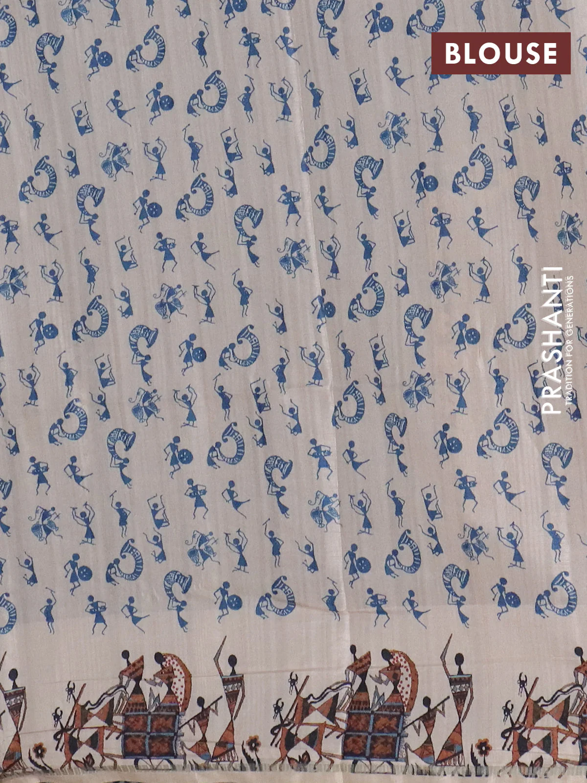 Semi tussar saree blue and cream with allover kalamkari prints and zari woven border - Image 4