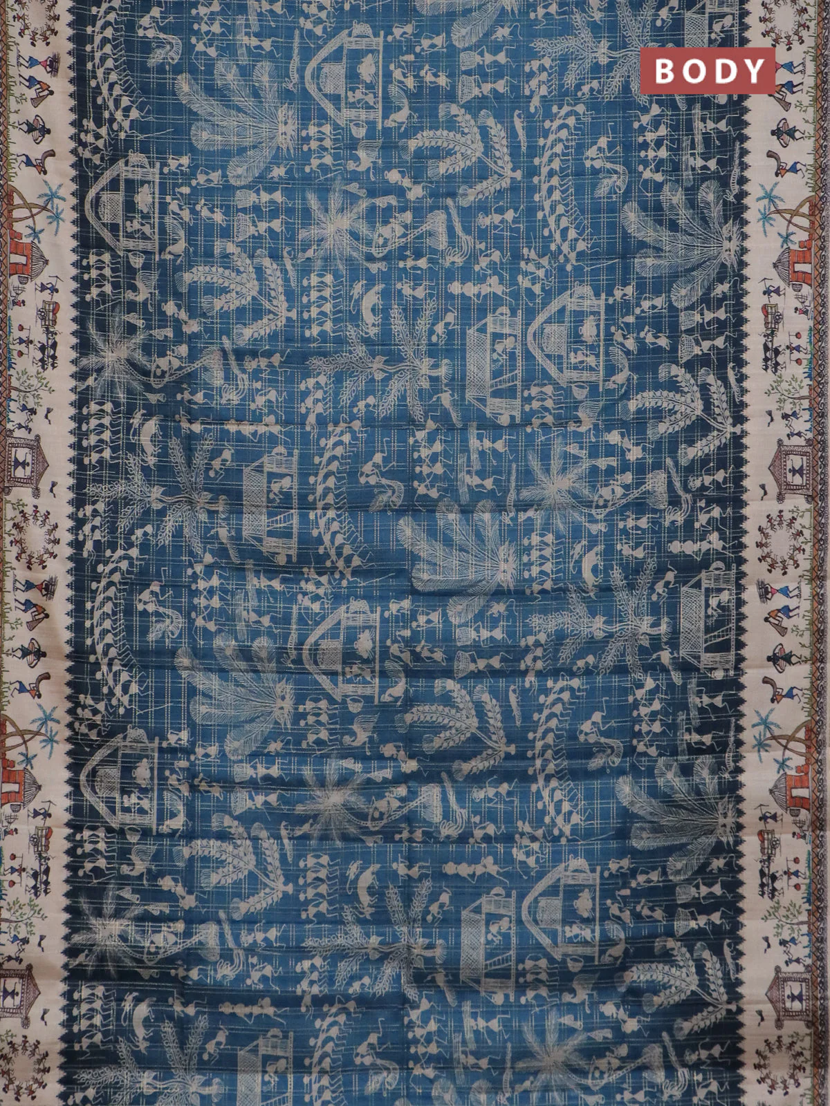 Semi tussar saree blue and cream with allover zari checks & warli prints  and printed border - Image 2