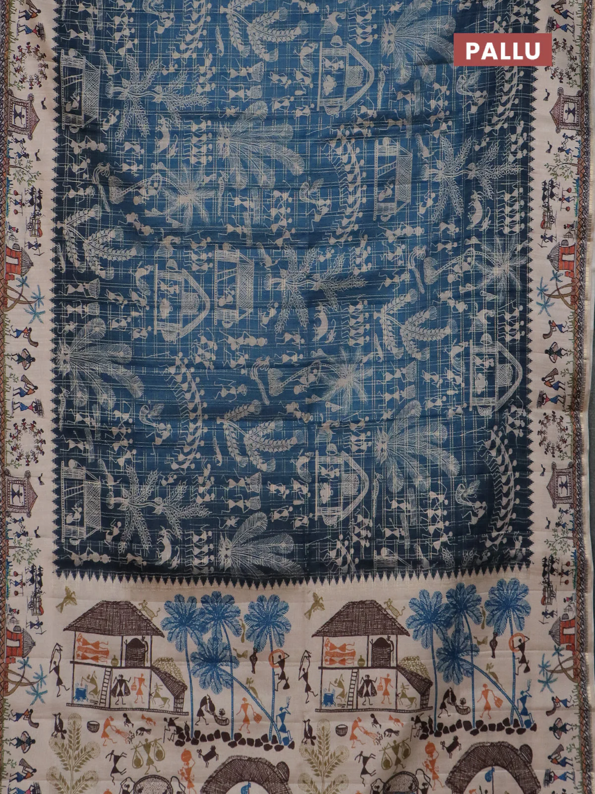 Semi tussar saree blue and cream with allover zari checks & warli prints  and printed border - Image 3