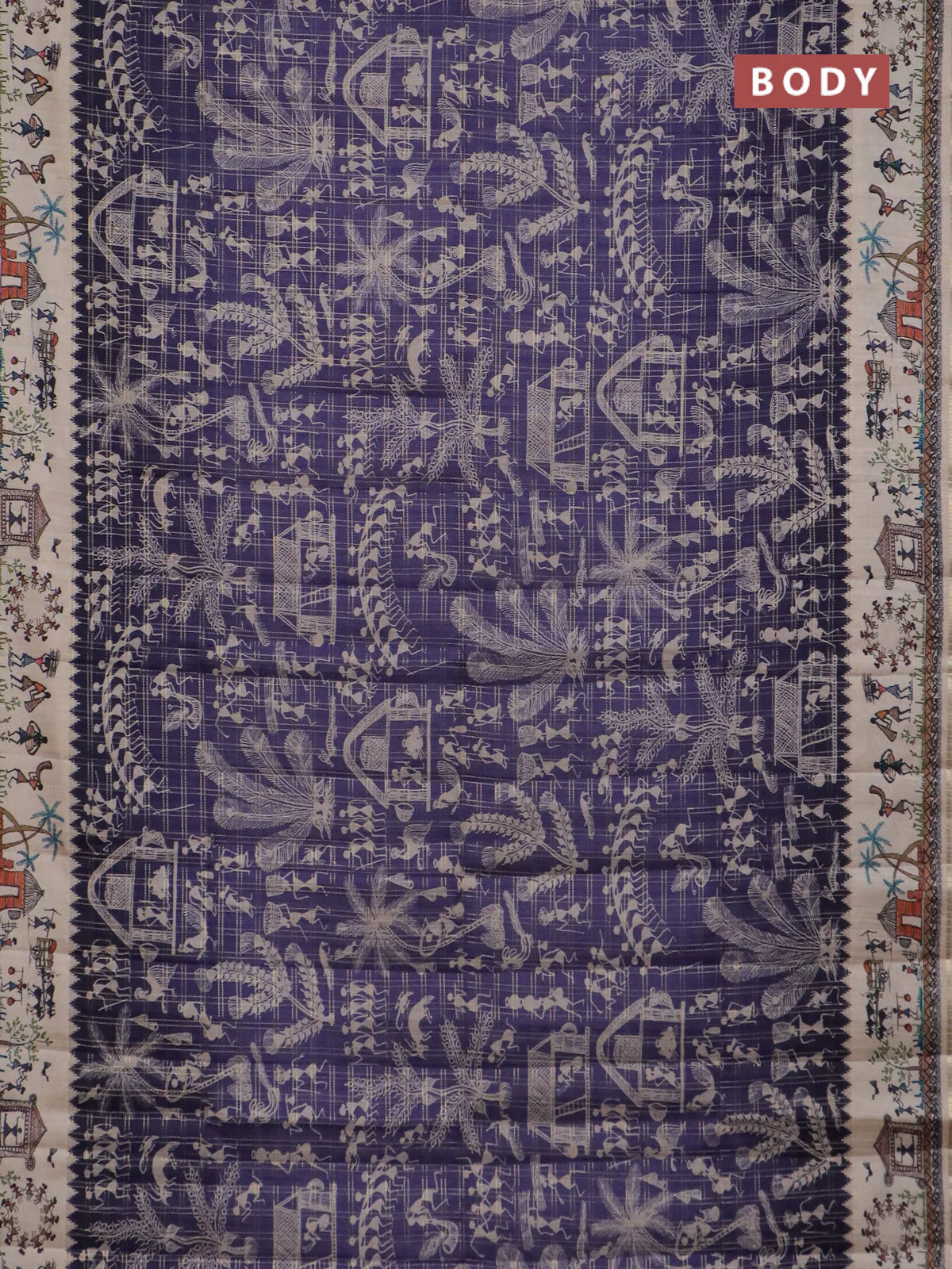 Semi tussar saree blue and cream with allover zari checks & warli prints  and printed border - Image 2