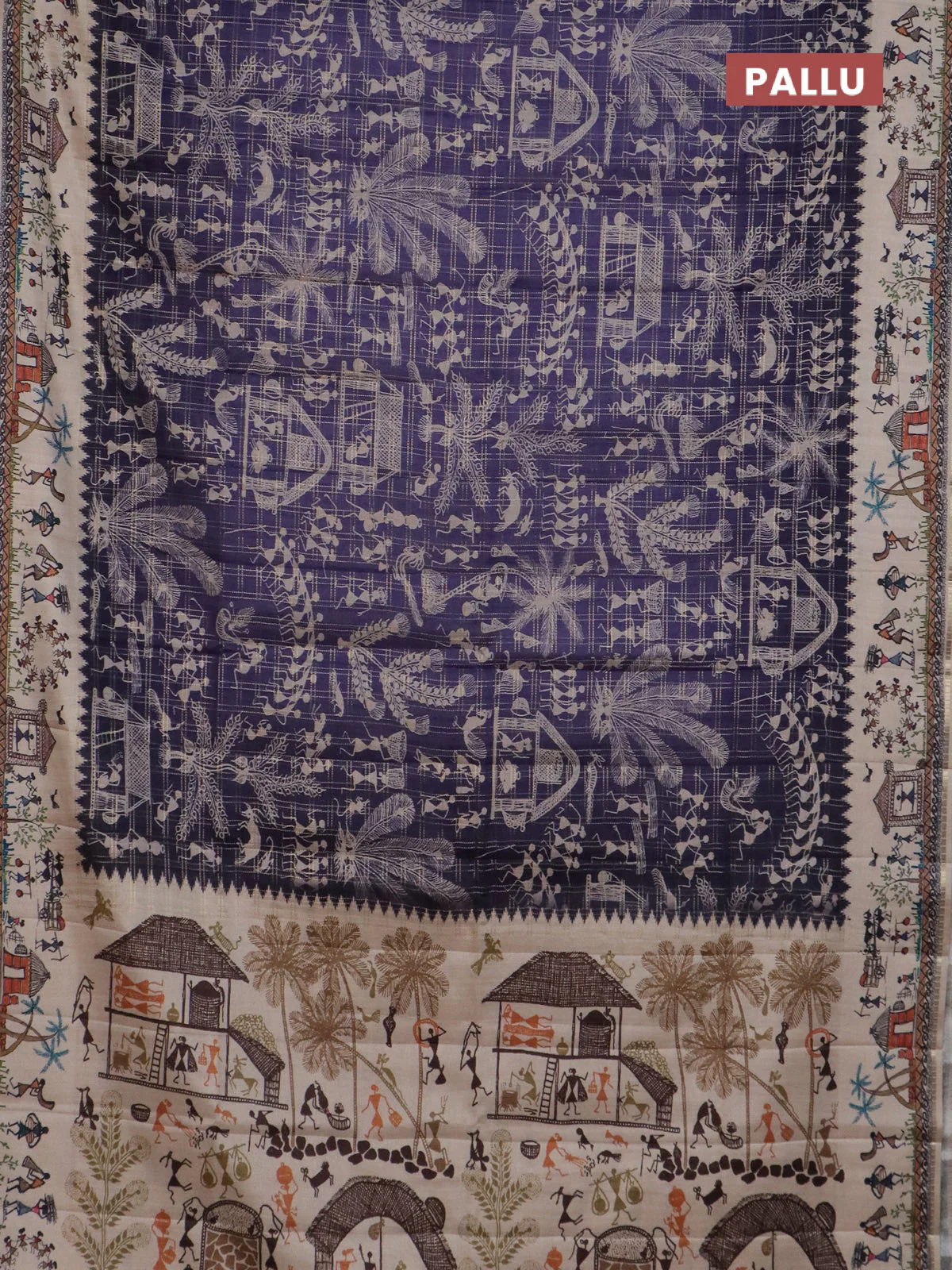 Semi tussar saree blue and cream with allover zari checks & warli prints  and printed border - Image 3