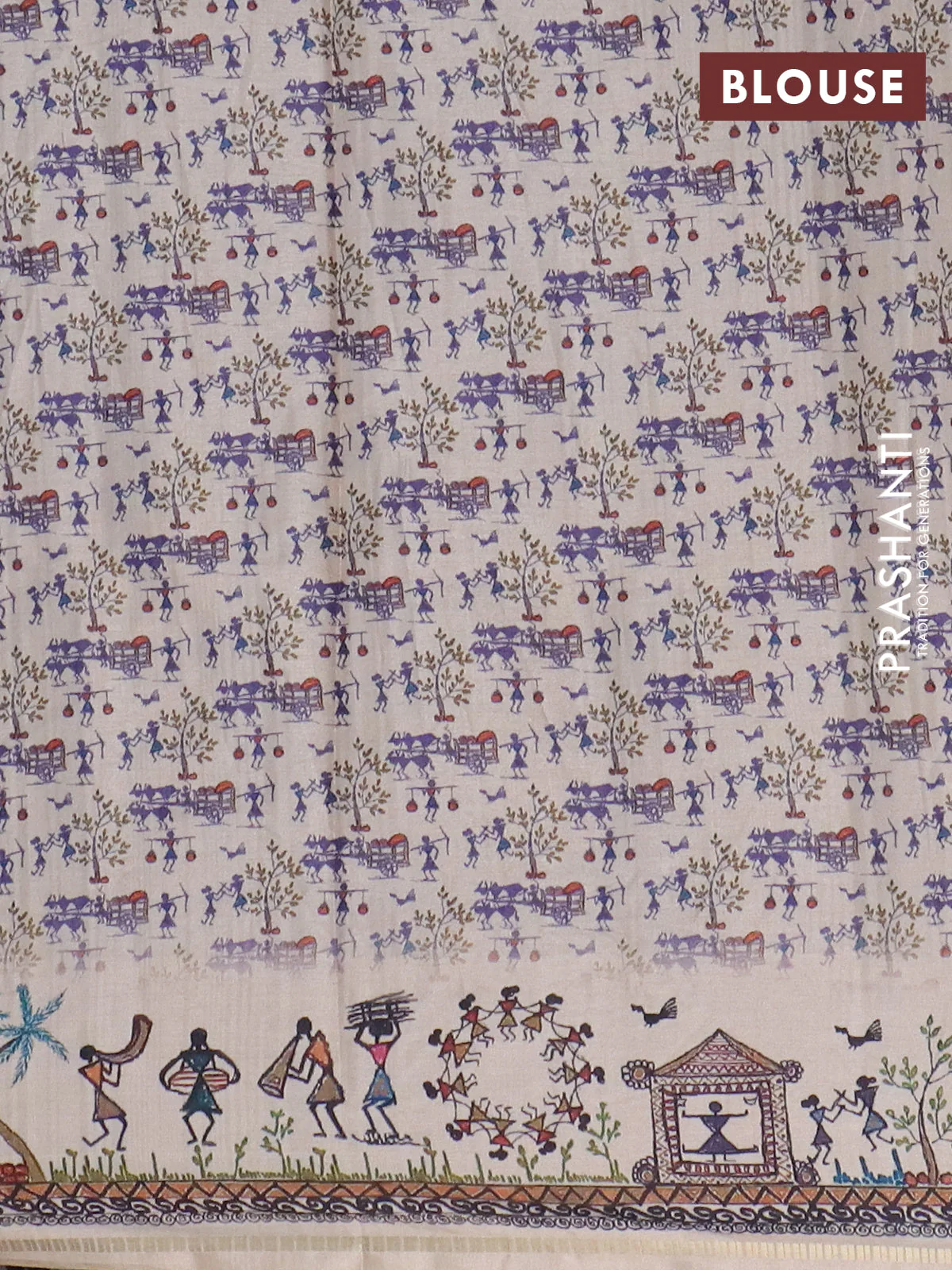 Semi tussar saree blue and cream with allover zari checks & warli prints  and printed border - Image 4