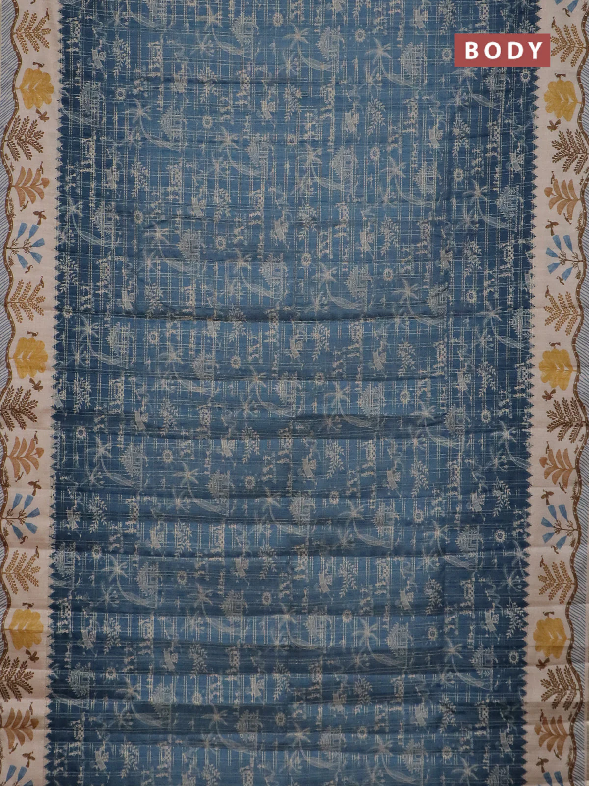 Semi tussar saree blue and cream with allover zari checks & warli prints  and printed border - Image 2