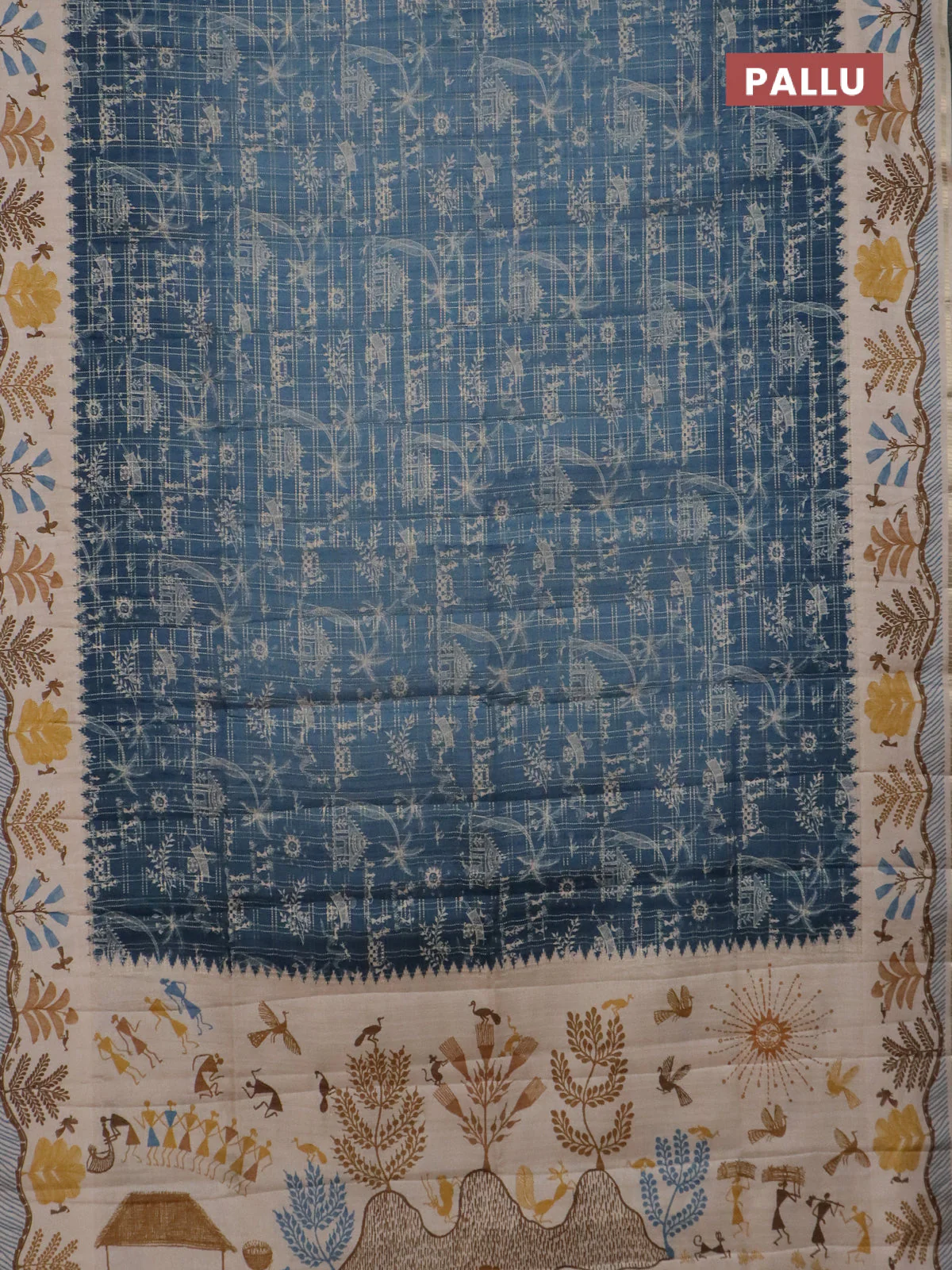 Semi tussar saree blue and cream with allover zari checks & warli prints  and printed border - Image 3