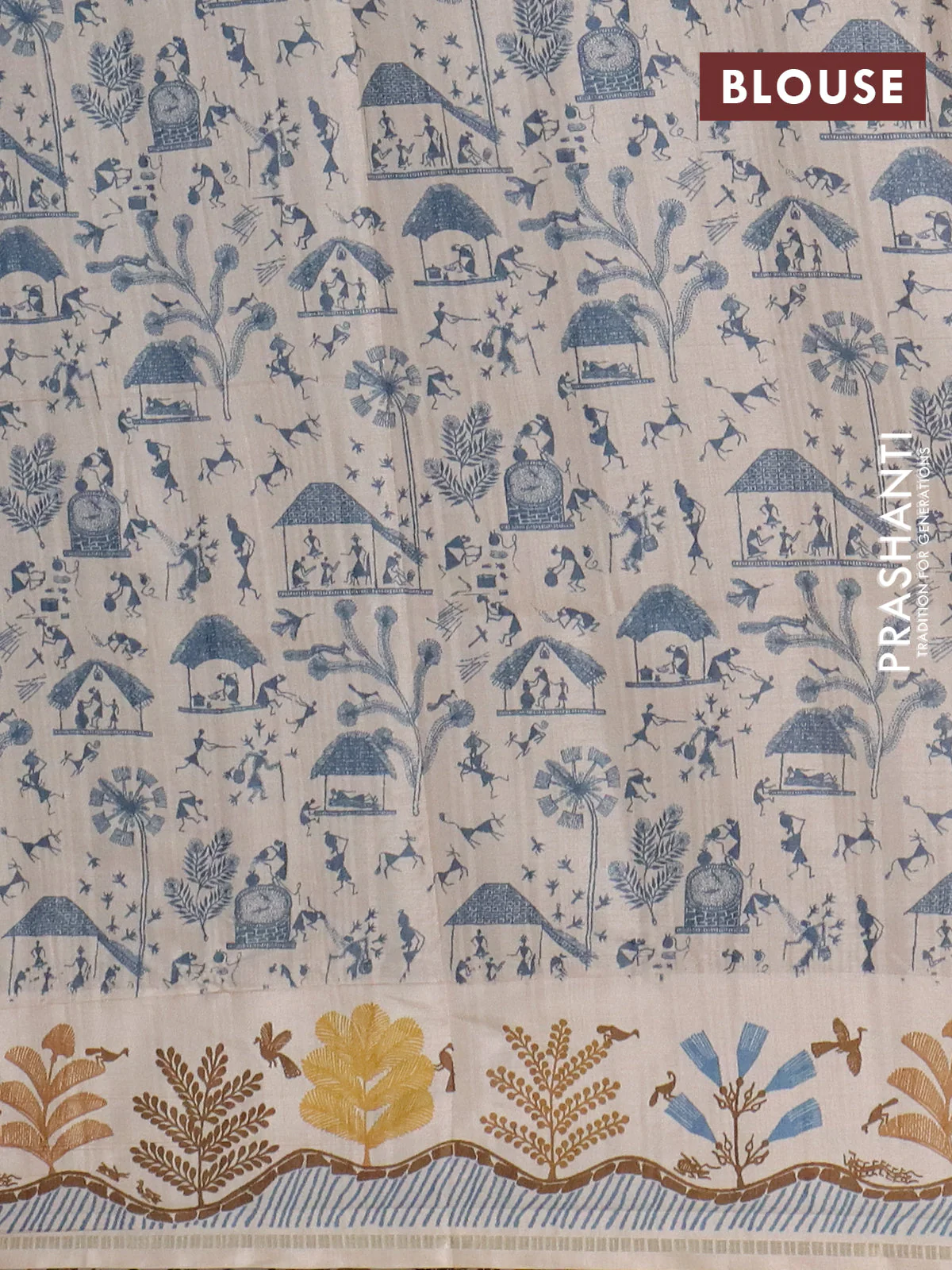 Semi tussar saree blue and cream with allover zari checks & warli prints  and printed border - Image 4