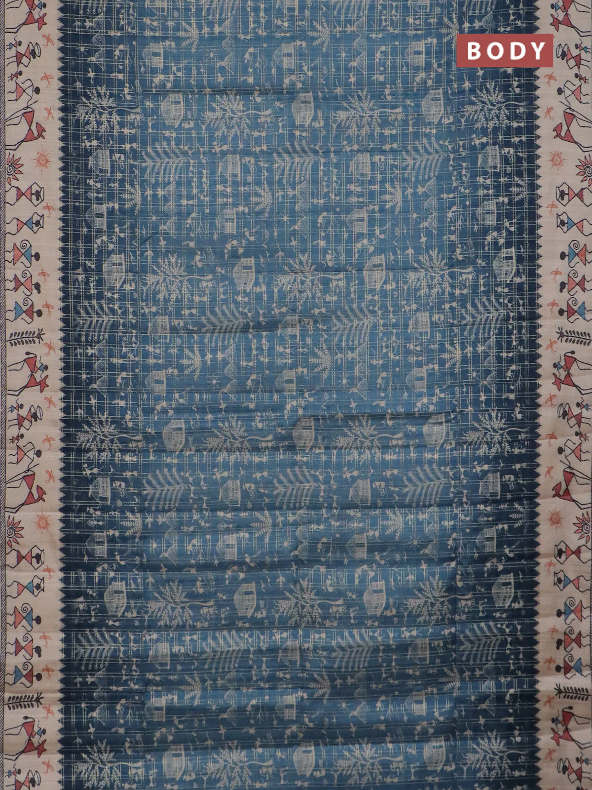 Semi tussar saree blue and cream with allover zari checks & warli prints  and printed border - Image 2