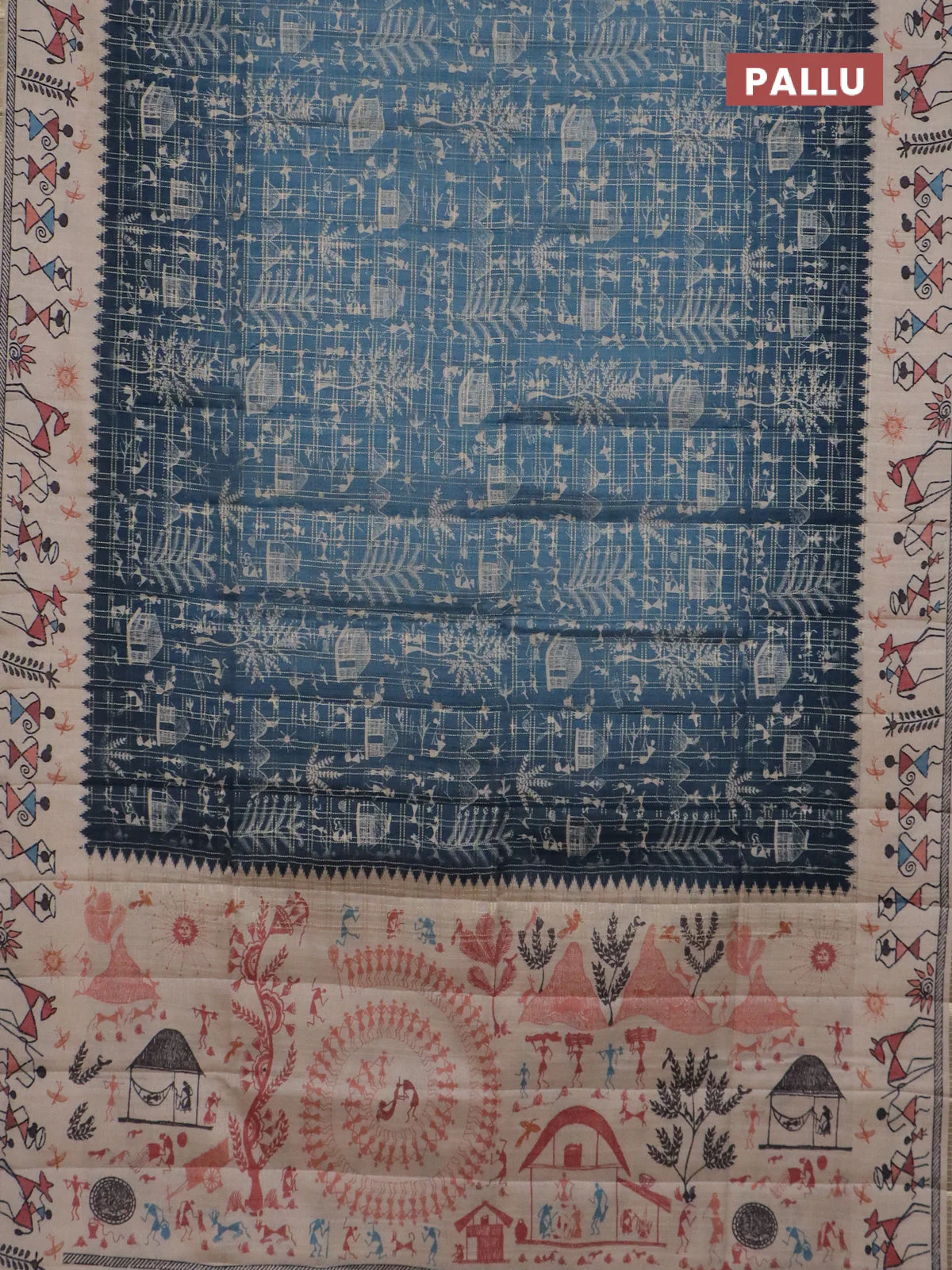Semi tussar saree blue and cream with allover zari checks & warli prints  and printed border - Image 3