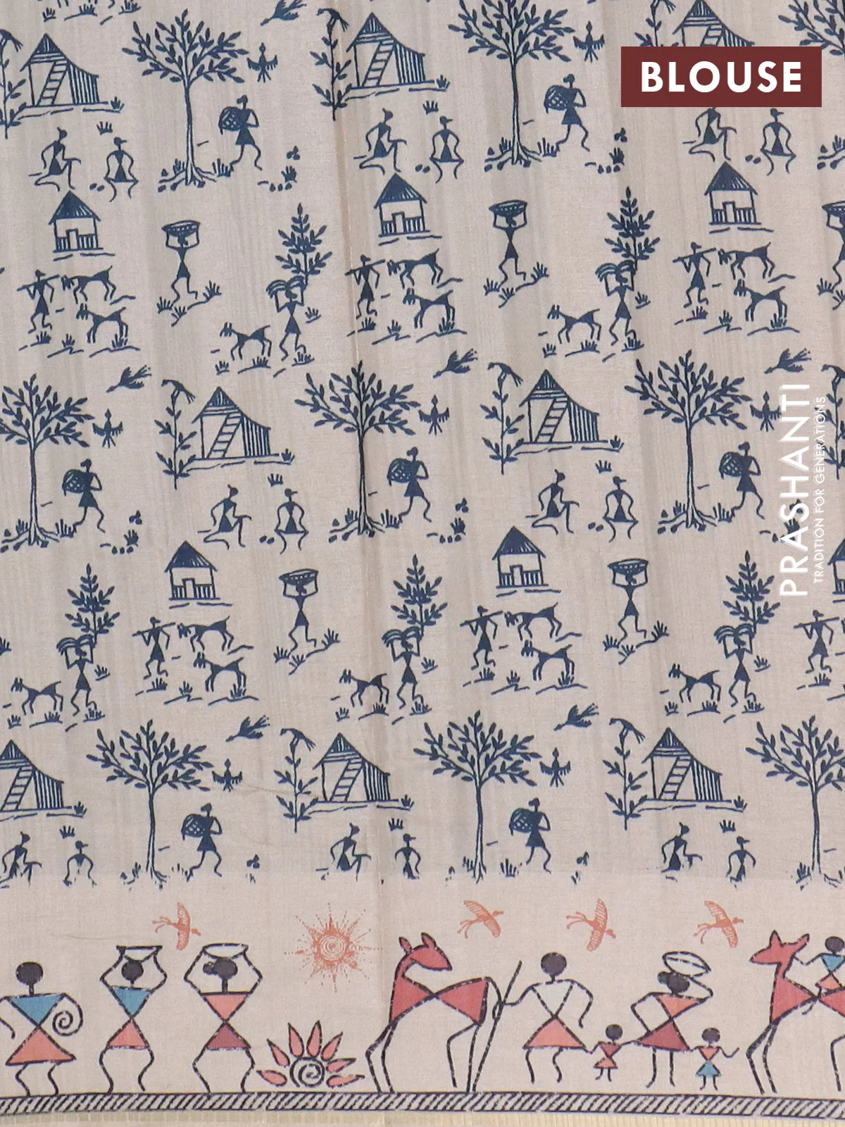 Semi tussar saree blue and cream with allover zari checks & warli prints  and printed border - Image 4