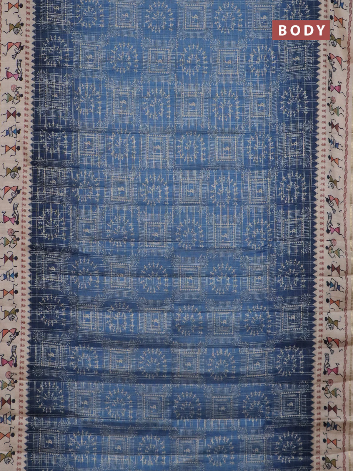 Semi tussar saree blue and cream with allover zari checks & warli prints  and printed border - Image 2