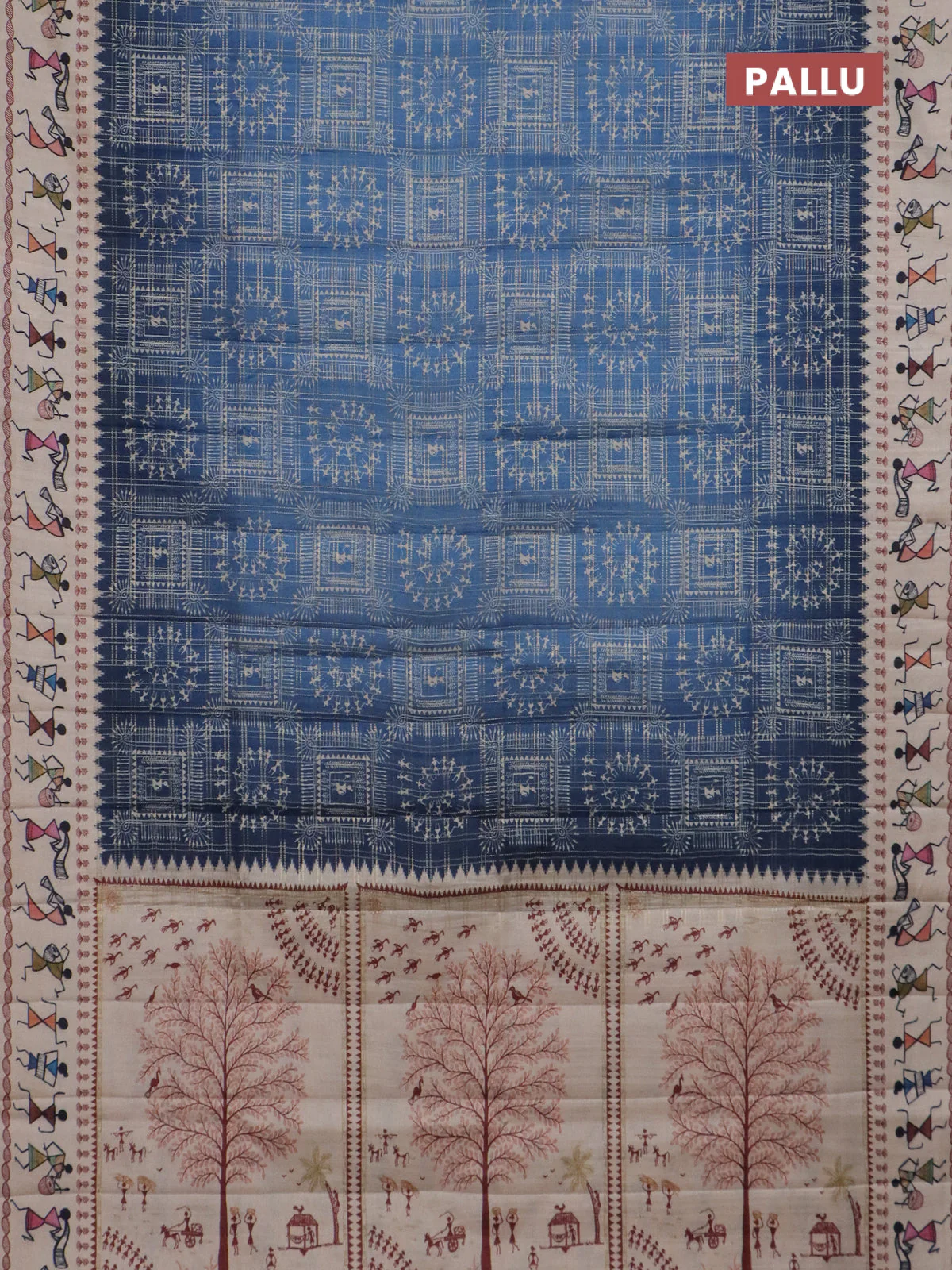 Semi tussar saree blue and cream with allover zari checks & warli prints  and printed border - Image 3