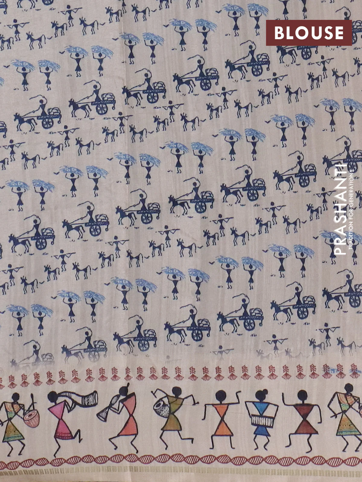 Semi tussar saree blue and cream with allover zari checks & warli prints  and printed border - Image 4