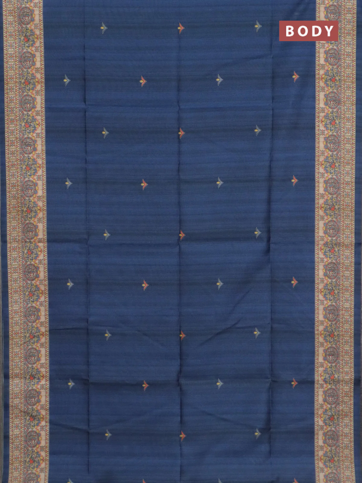 Semi tussar saree blue and cream with butta prints and madhubani printed pallu & border - Image 2