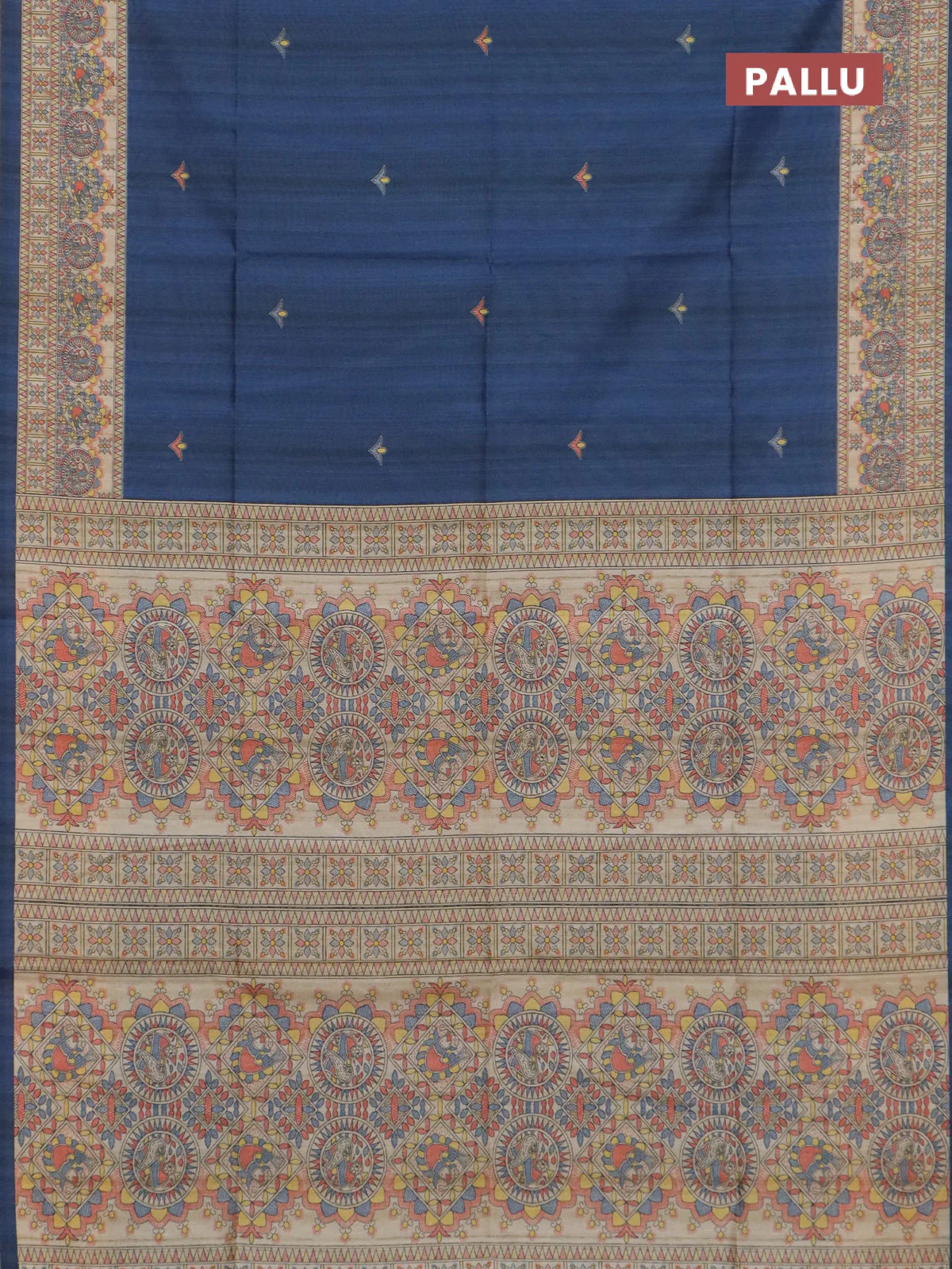 Semi tussar saree blue and cream with butta prints and madhubani printed pallu & border - Image 3