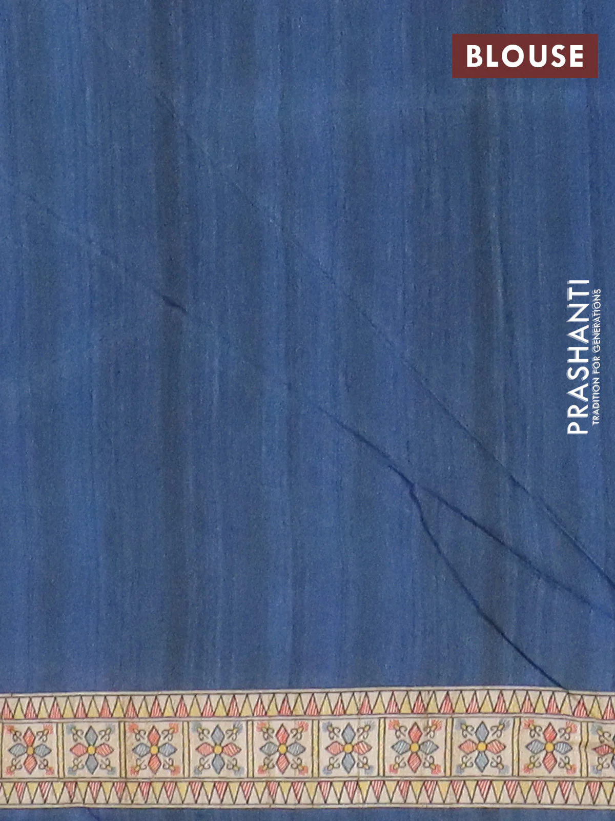 Semi tussar saree blue and cream with butta prints and madhubani printed pallu & border - Image 4