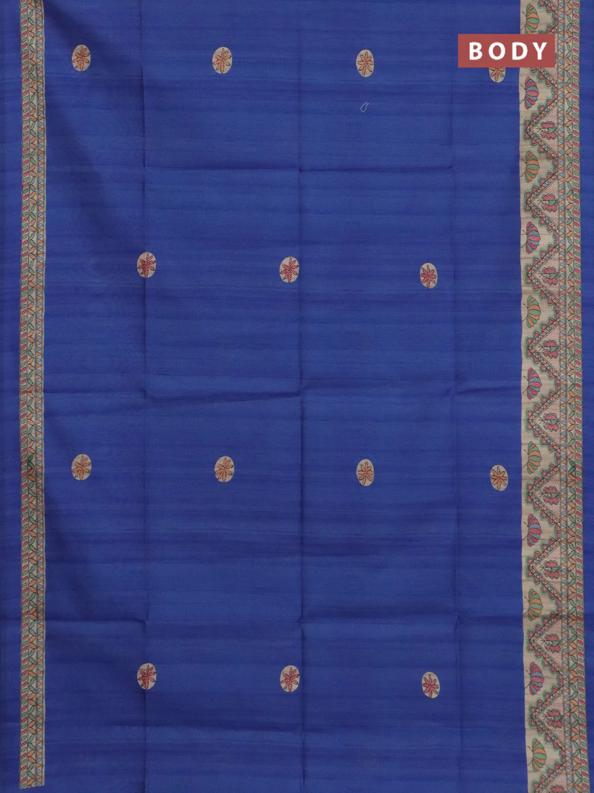 Semi tussar saree blue and cream with butta prints and madhubani printed pallu & border - Image 2