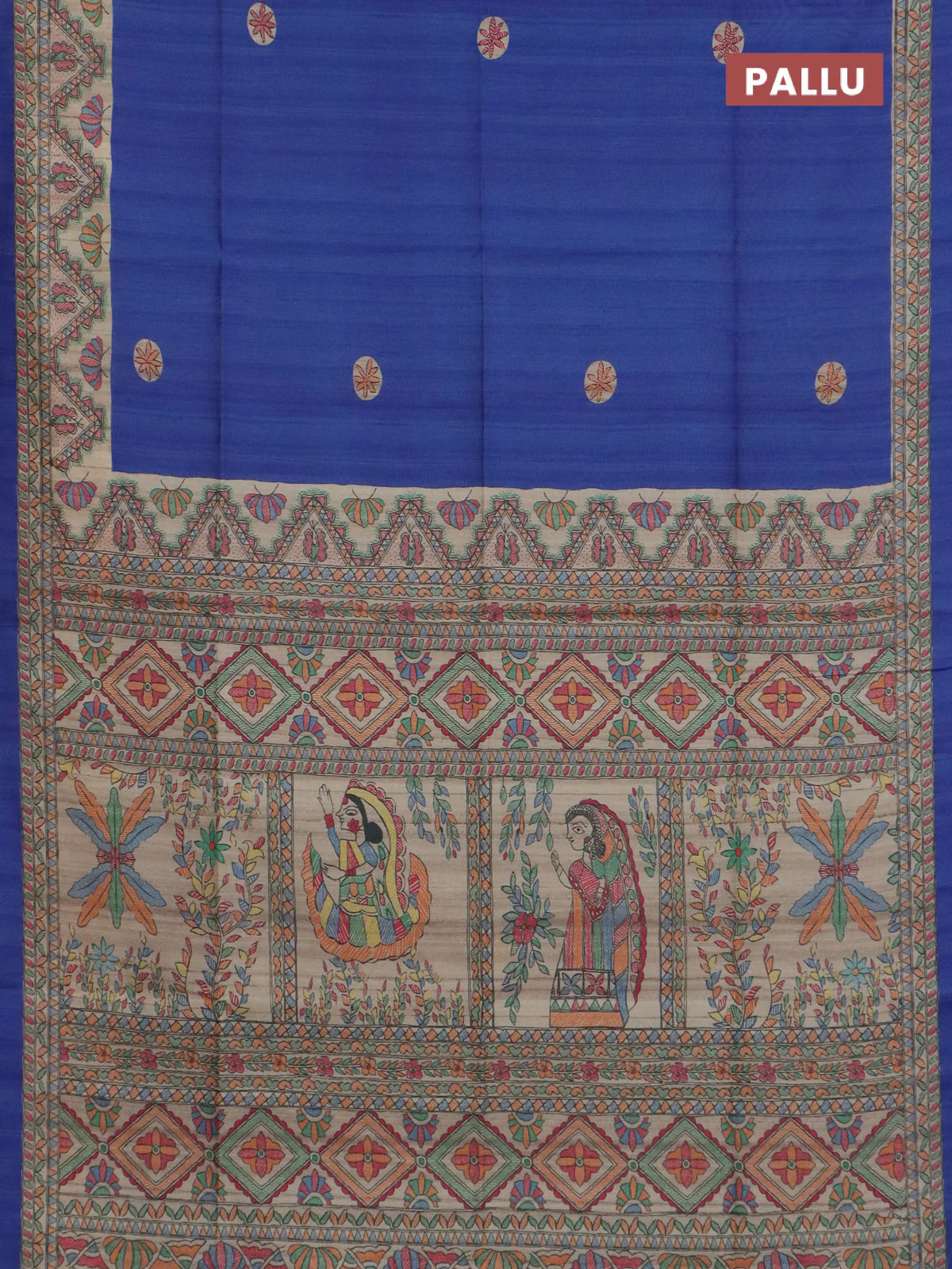 Semi tussar saree blue and cream with butta prints and madhubani printed pallu & border - Image 3