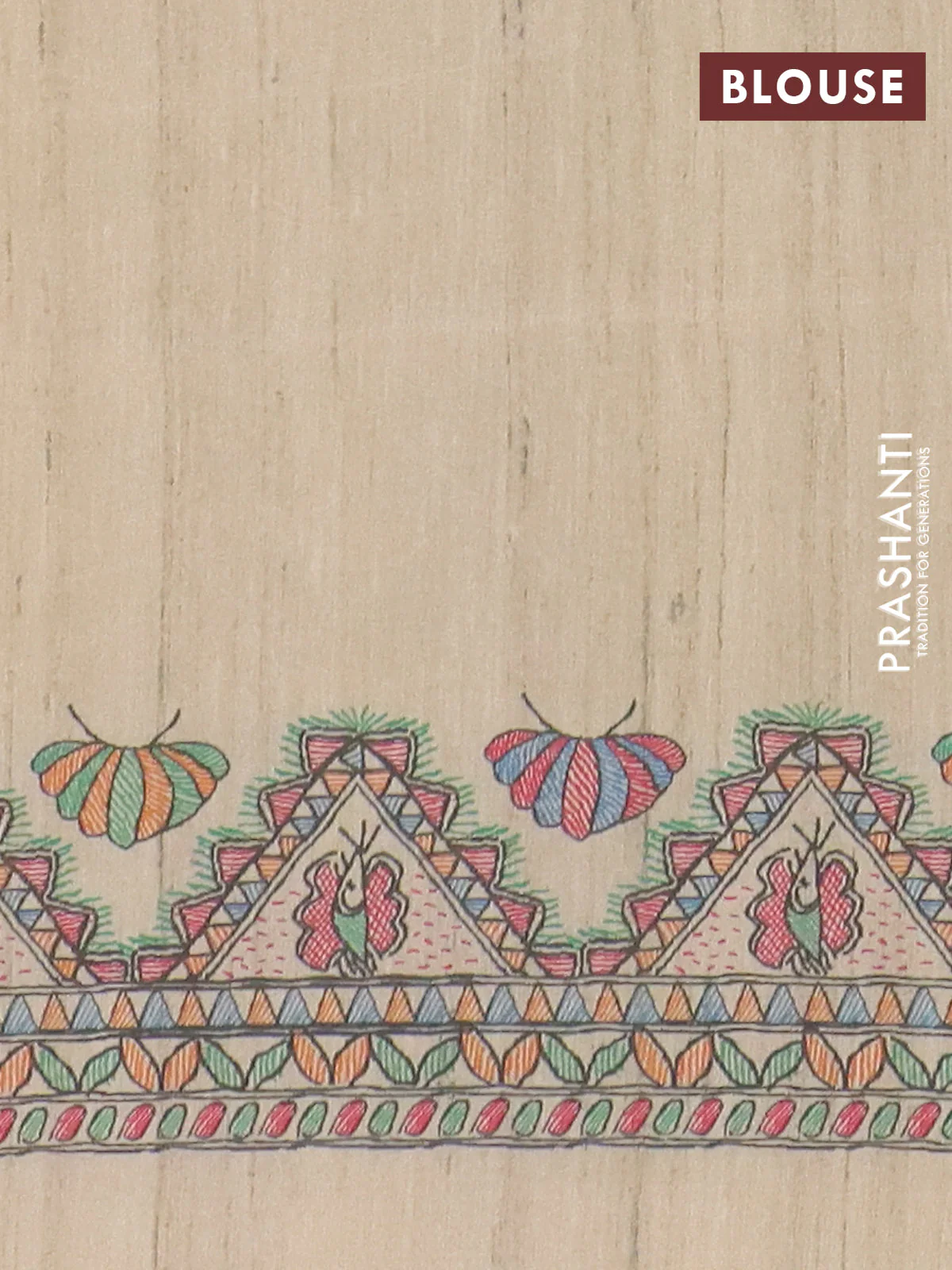 Semi tussar saree blue and cream with butta prints and madhubani printed pallu & border - Image 4