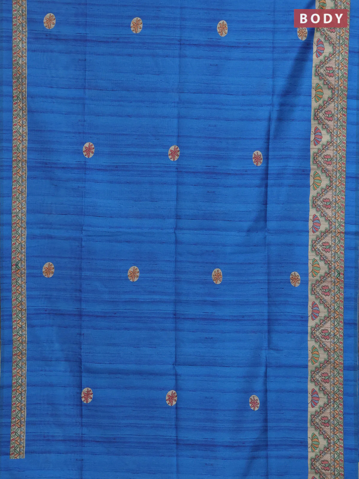 Semi tussar saree blue and cream with butta prints and madhubani printed pallu & border - Image 2