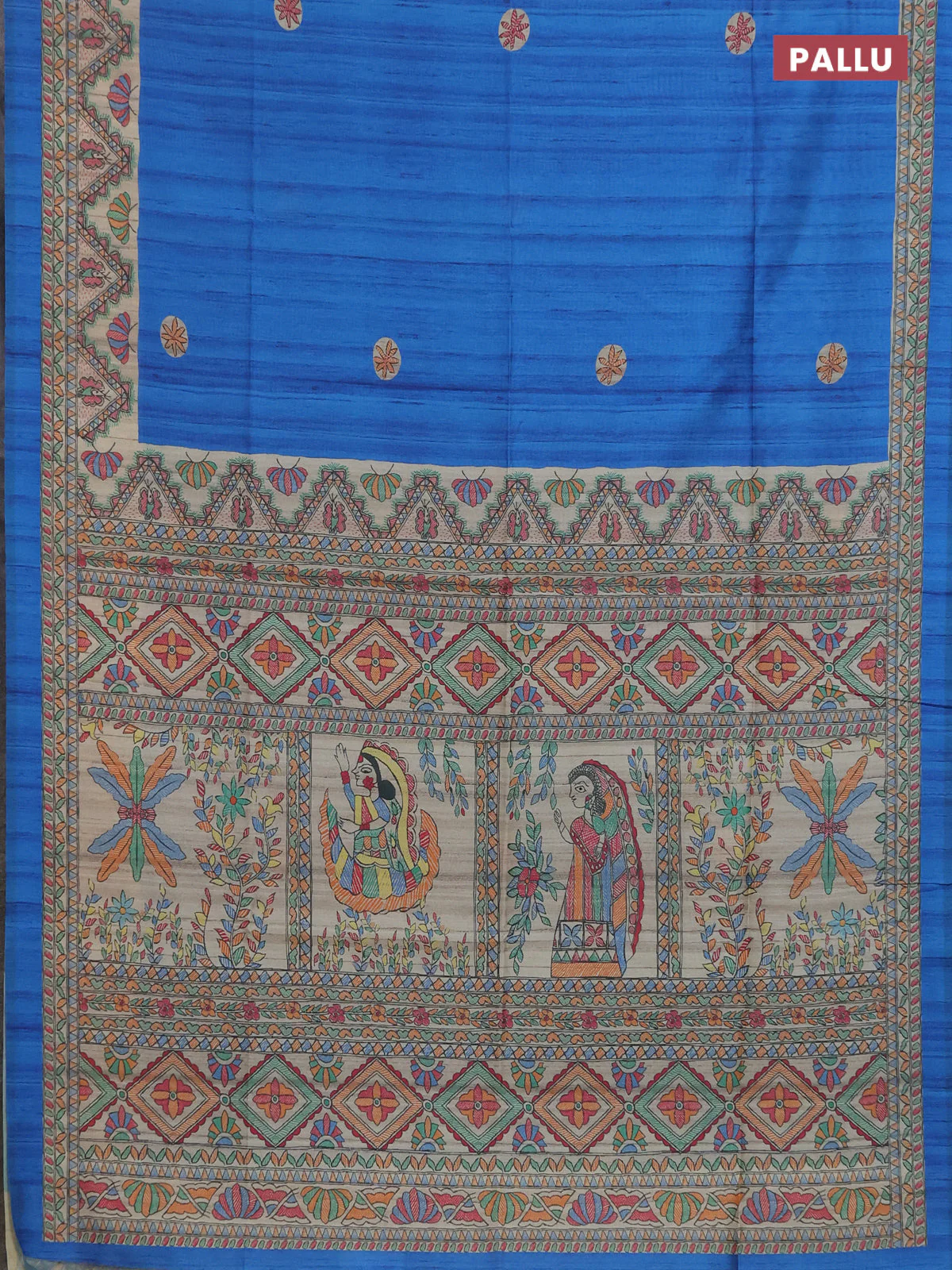 Semi tussar saree blue and cream with butta prints and madhubani printed pallu & border - Image 3