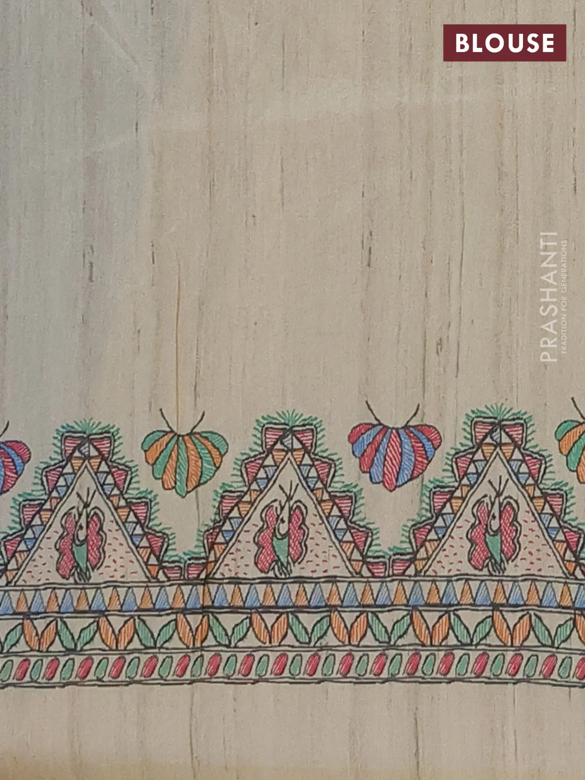 Semi tussar saree blue and cream with butta prints and madhubani printed pallu & border - Image 4