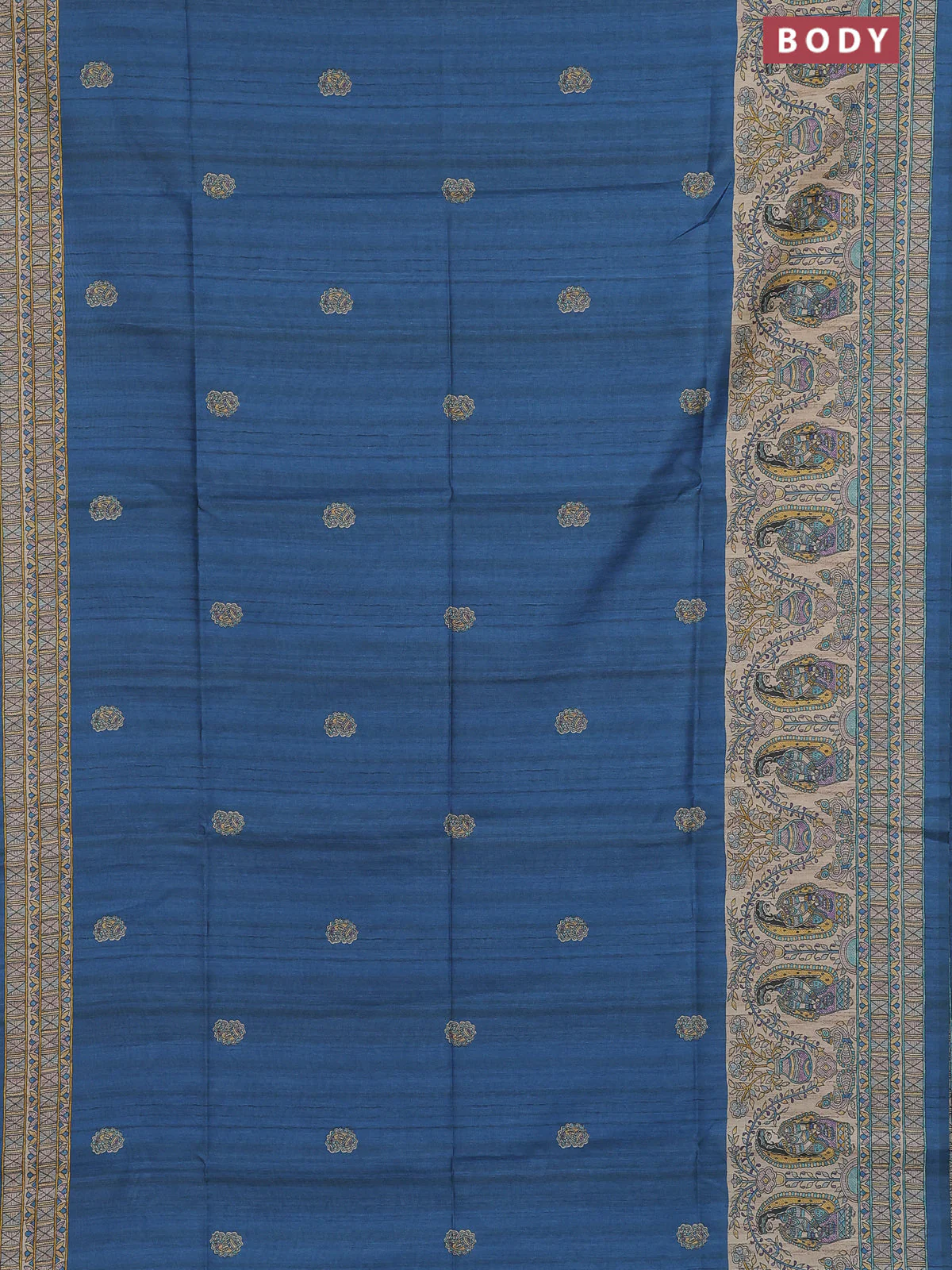 Semi tussar saree blue and cream with paisley butta prints and madhubani printed pallu & border - Image 2