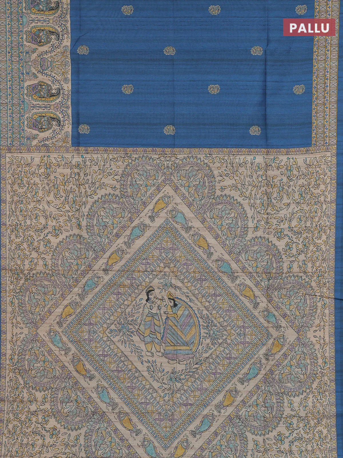 Semi tussar saree blue and cream with paisley butta prints and madhubani printed pallu & border - Image 3