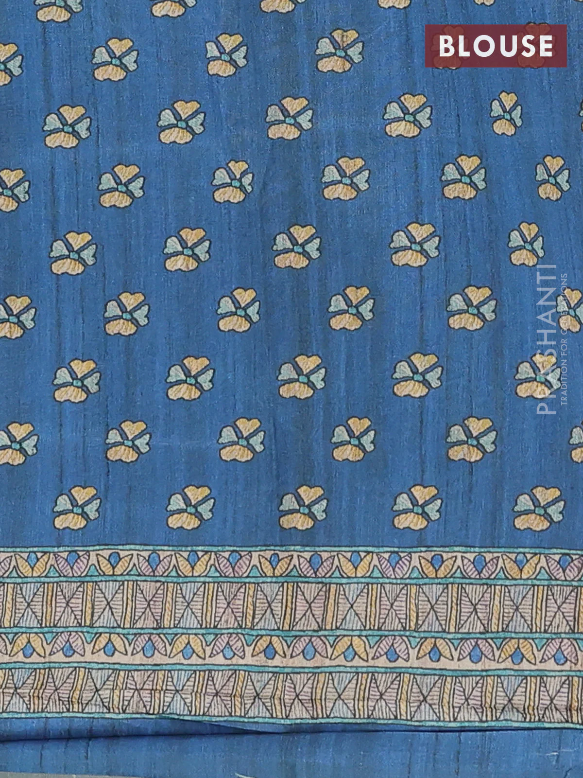 Semi tussar saree blue and cream with paisley butta prints and madhubani printed pallu & border - Image 4