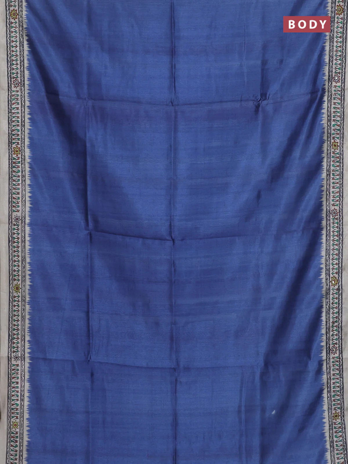 Semi tussar saree blue and cream with plain body and warli prints kantha stitch work border - Image 2
