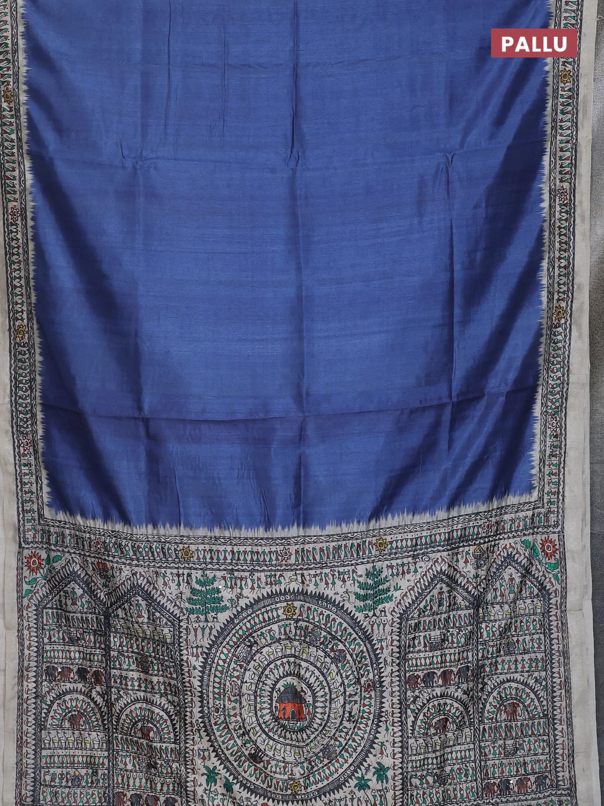Semi tussar saree blue and cream with plain body and warli prints kantha stitch work border - Image 3