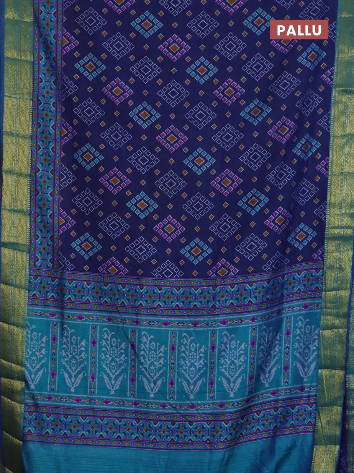 Semi tussar saree blue and cs blue with allover ikat prints and zari woven border - Image 3